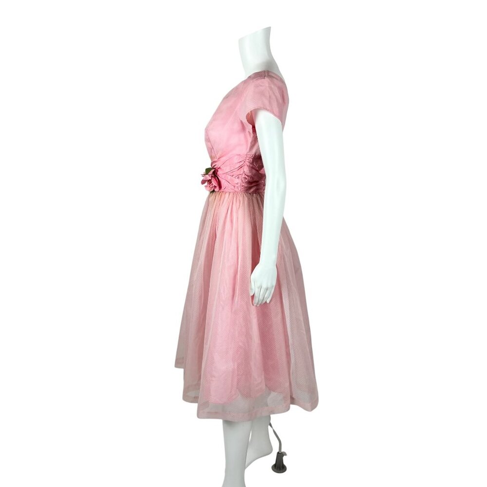 Vintage 50s Prom Dress Women's XS Pink Dotted Swiss Full Skirt Formal Fit Flare - Picture 8 of 15